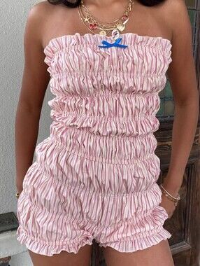 Isabelle's Cabinet Pink Striped Strapless Ruffled Smocked Romper Size L